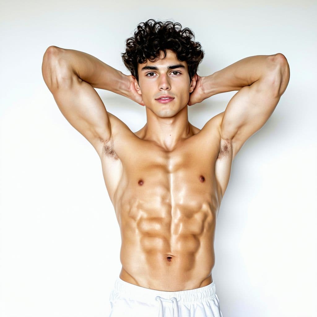 AI generated: A fully nude, realistic young man with warm olive skin and visible chest, stomach, and leg hair stan...