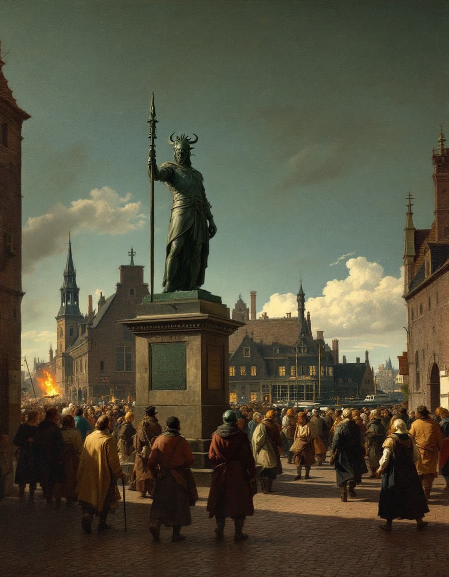 AI generated: A  painting inspired by Jan van Eyck of a bronze statue of a Viking lord in a town square.  Townsfol...