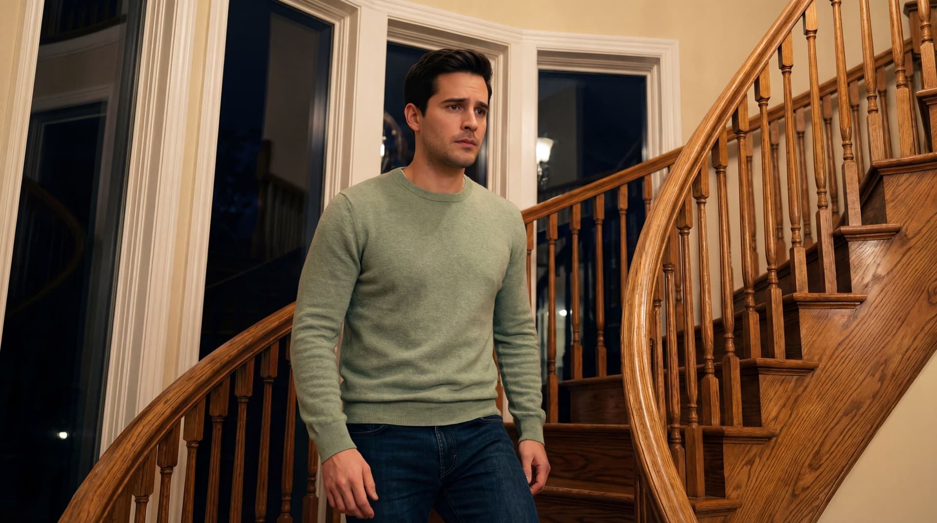 AI generated: The scene is at night. at a large beautiful house. The model is walking upstairs. He is facing front...