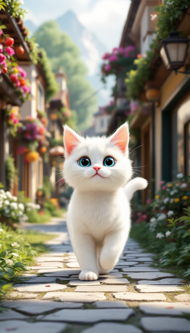 AI generated: A cute white cat walk on village street. 3d pixar style