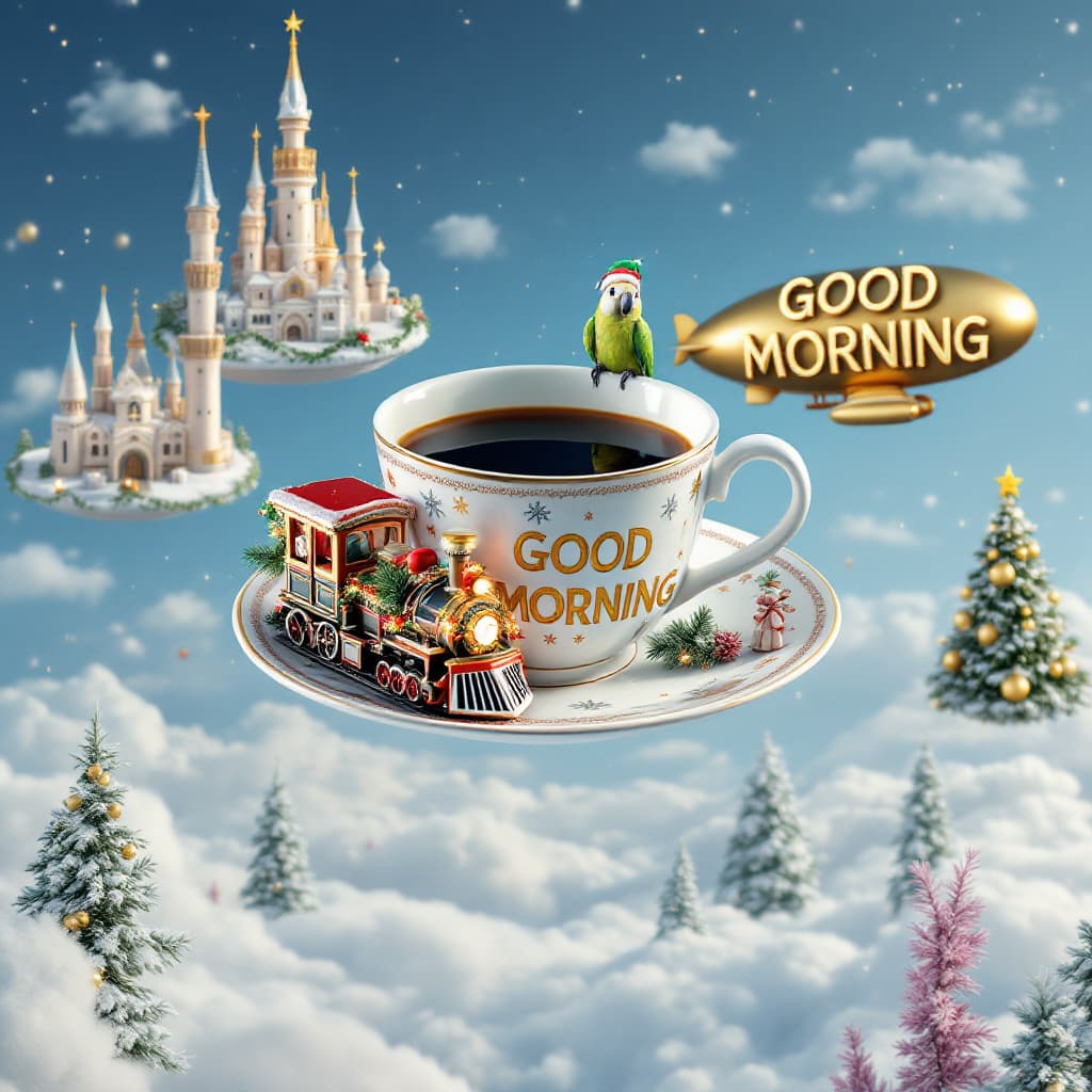 AI generated: A surreal Christmas landscape: in the air, as if in zero gravity, in the center is a giant tea mug w...