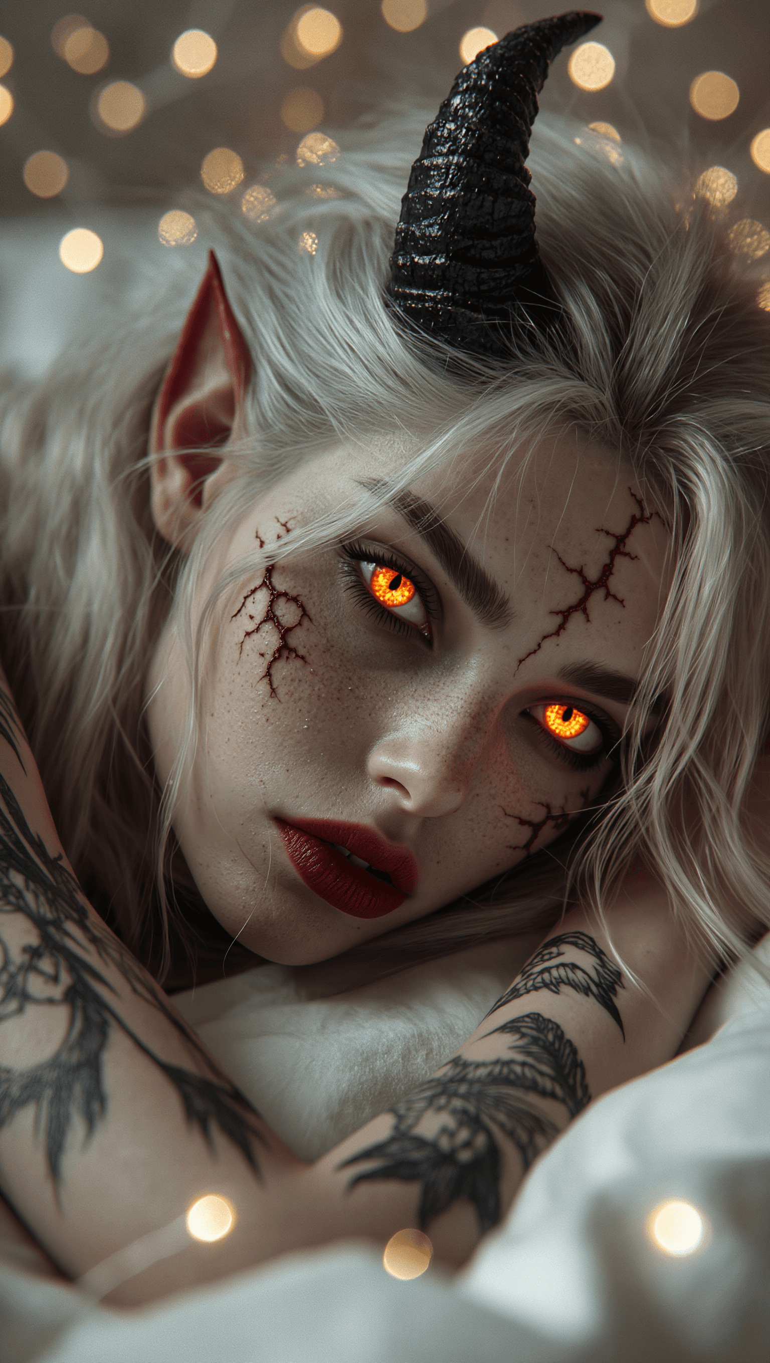 AI generated: "A hyper-realistic, close-up portrait of a captivating female demon reclining on a bed of white silk...