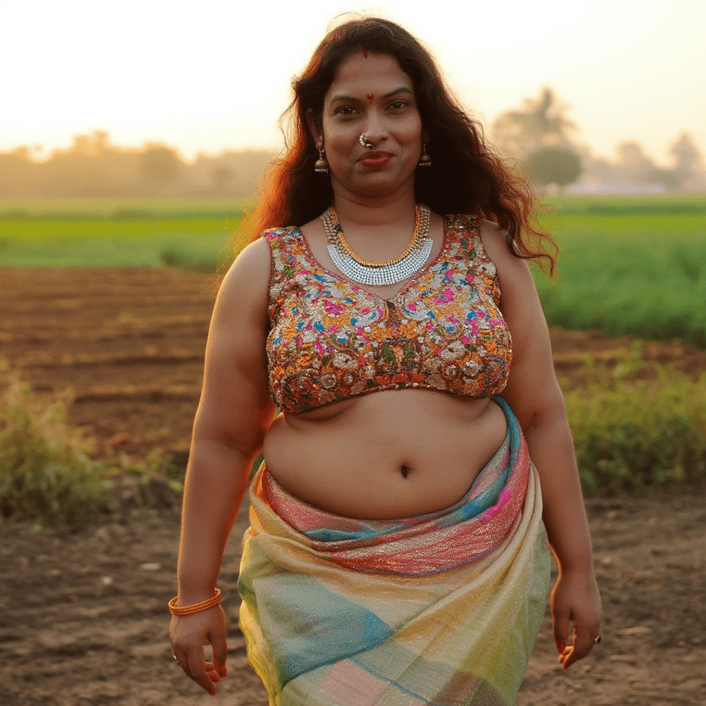 AI generated: AN indian 32 year chubby fair wife with heavy breasts,visible cleavage wearing colorful glittery sle...
