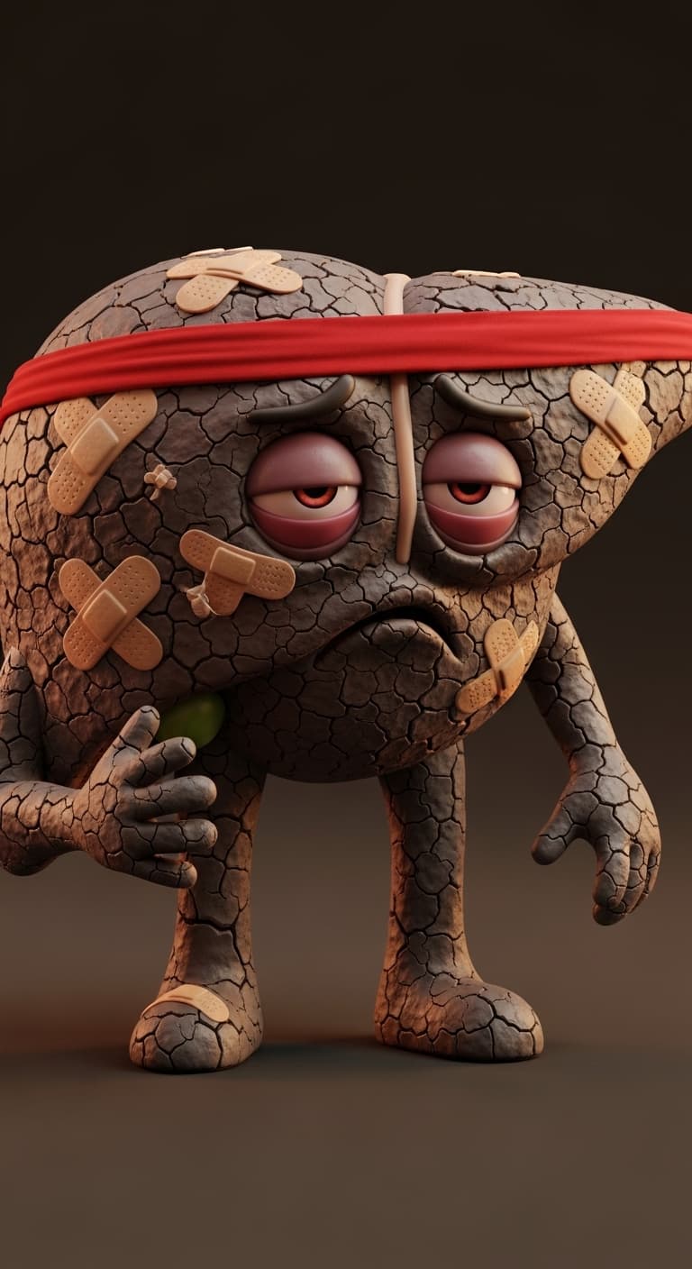 AI generated: human liver character. Initially, it looks grayish-brown, hard, and textured like dry cracked mud (c...