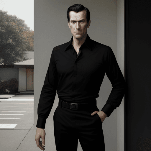 AI generated: Hyper realistic eye level exterior photo of a mid century modern man wearing a black shirt and black...