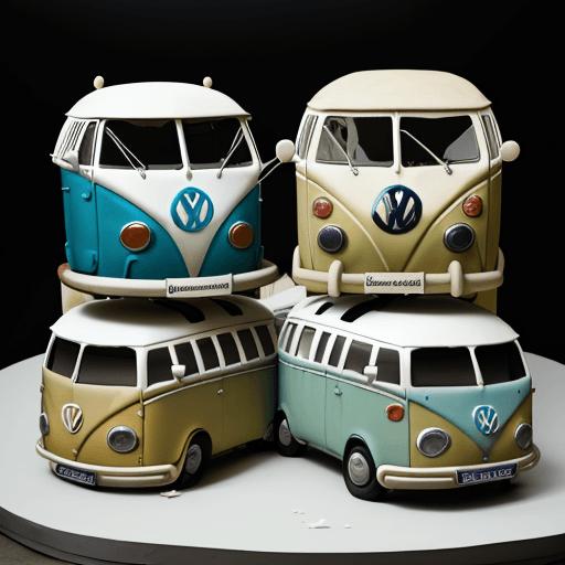 AI generated: two old volkswagen bullis, made of cake, having mouths, standing front to front, kissing each other