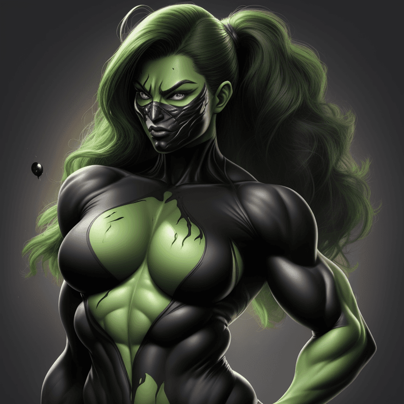 AI generated: 1 bodybuilder woman wearing symbiote, She-Hulk, young beautiful face, soft face, full body visible, ...