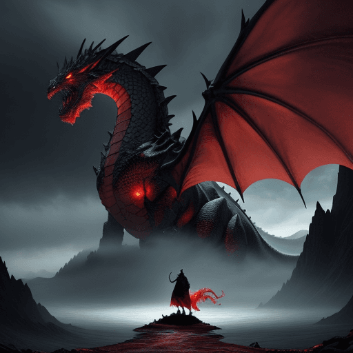 AI generated: epic landscape where a colossal dragon looms out of the stormy sky, with huge red flames comes up of...