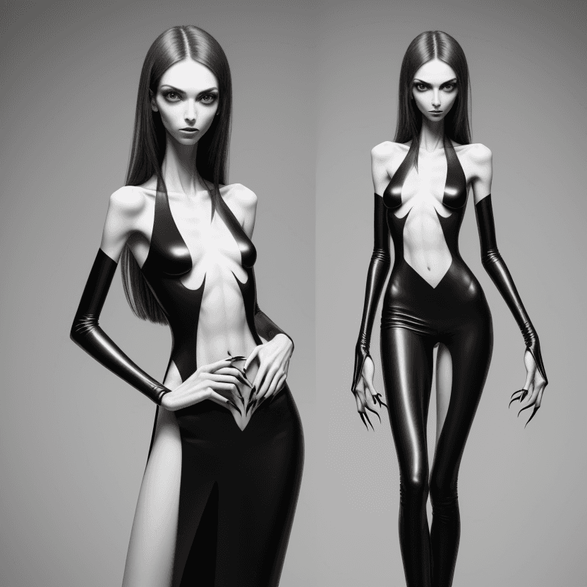 AI generated: photo of face an extremely skinny, flat-chested model with very elongated long nails,  claws placed ...