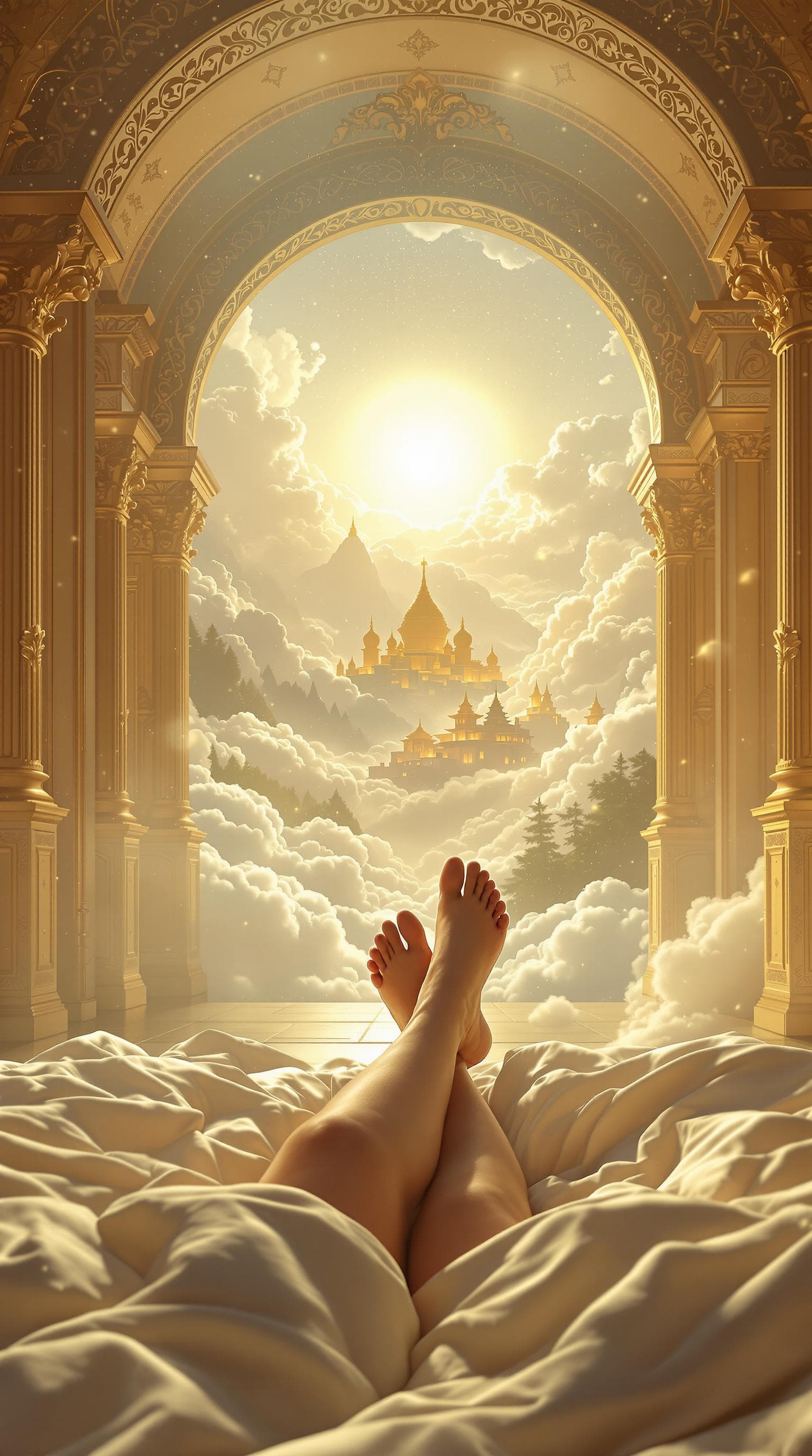 AI generated: "Create a first-person perspective cinematic scene of waking up in a golden heavenly palace. The cam...