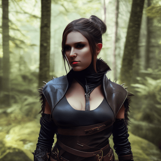 AI generated: Photo of a beautiful and seductive female hunter wearing leather and cloth attire, upper body, outdo...