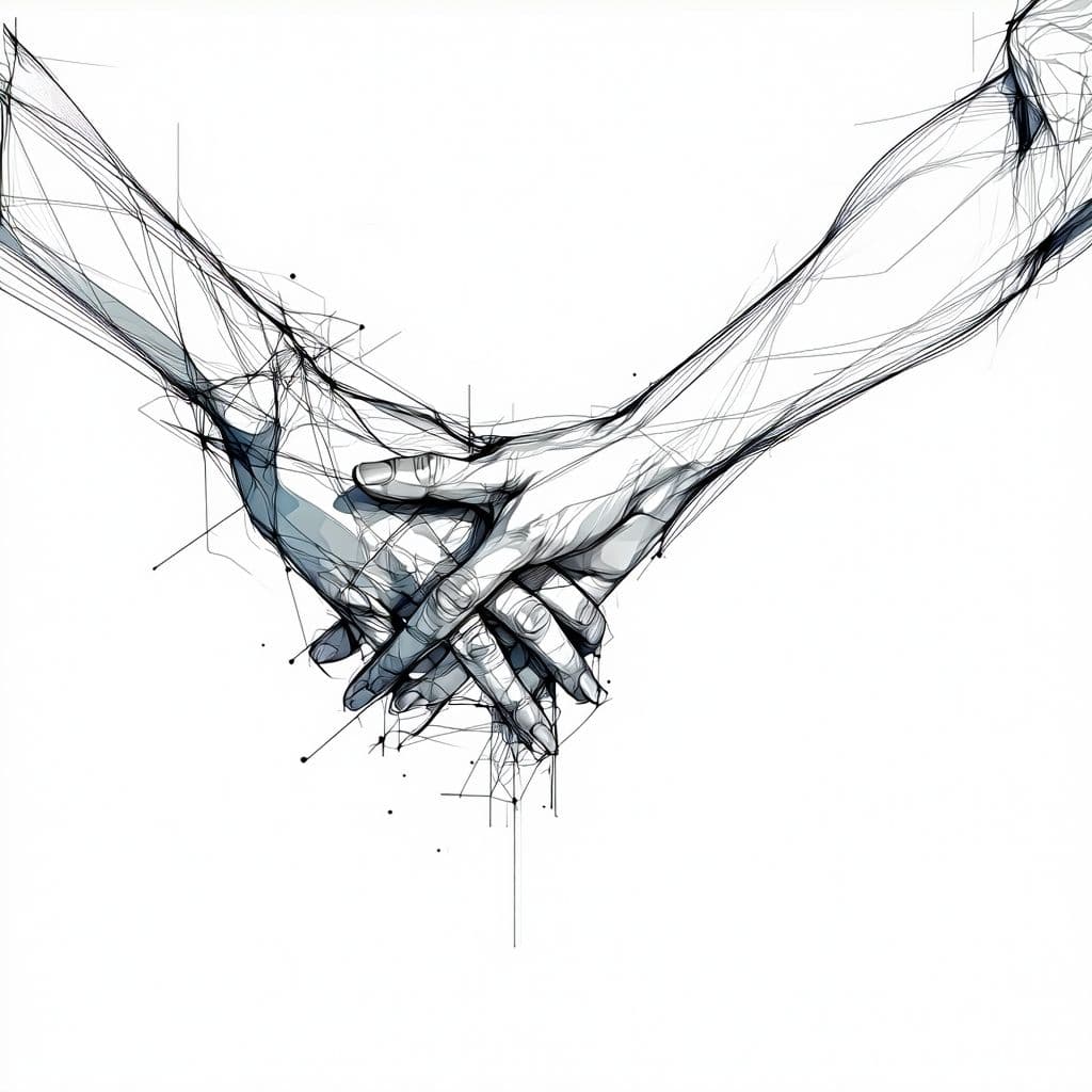 AI generated: minimalist line art drawing of woman's and a man's hands gently wrapping around each other, sketched...