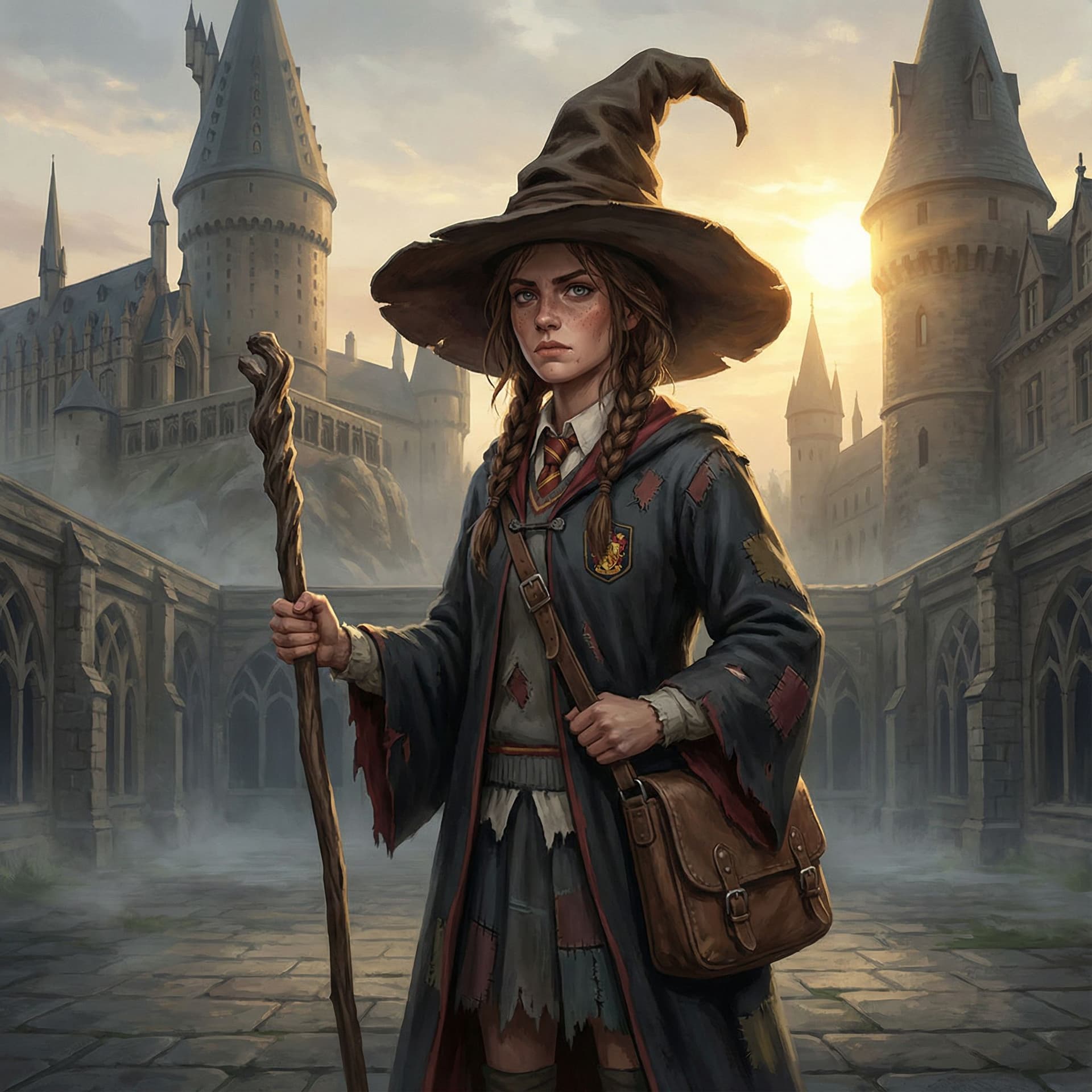 AI generated: rugged girl witch wearing a magic school uniform, large wide-brimmed witch hat, cinematic, elaborate...