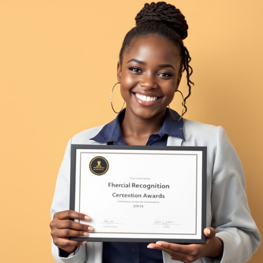 AI generated: A smiling, young African lady holding a recognition award in her hands.