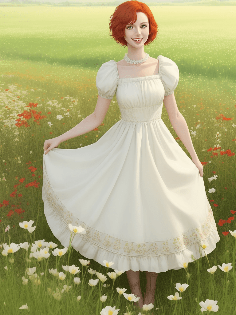AI generated: A TALL GIRL WITH A PRETTY SMILE, SHORT RED HAIR, BIG BROWN EYES, WHITE SKIN, WEARING A POMPOUS PRINC...