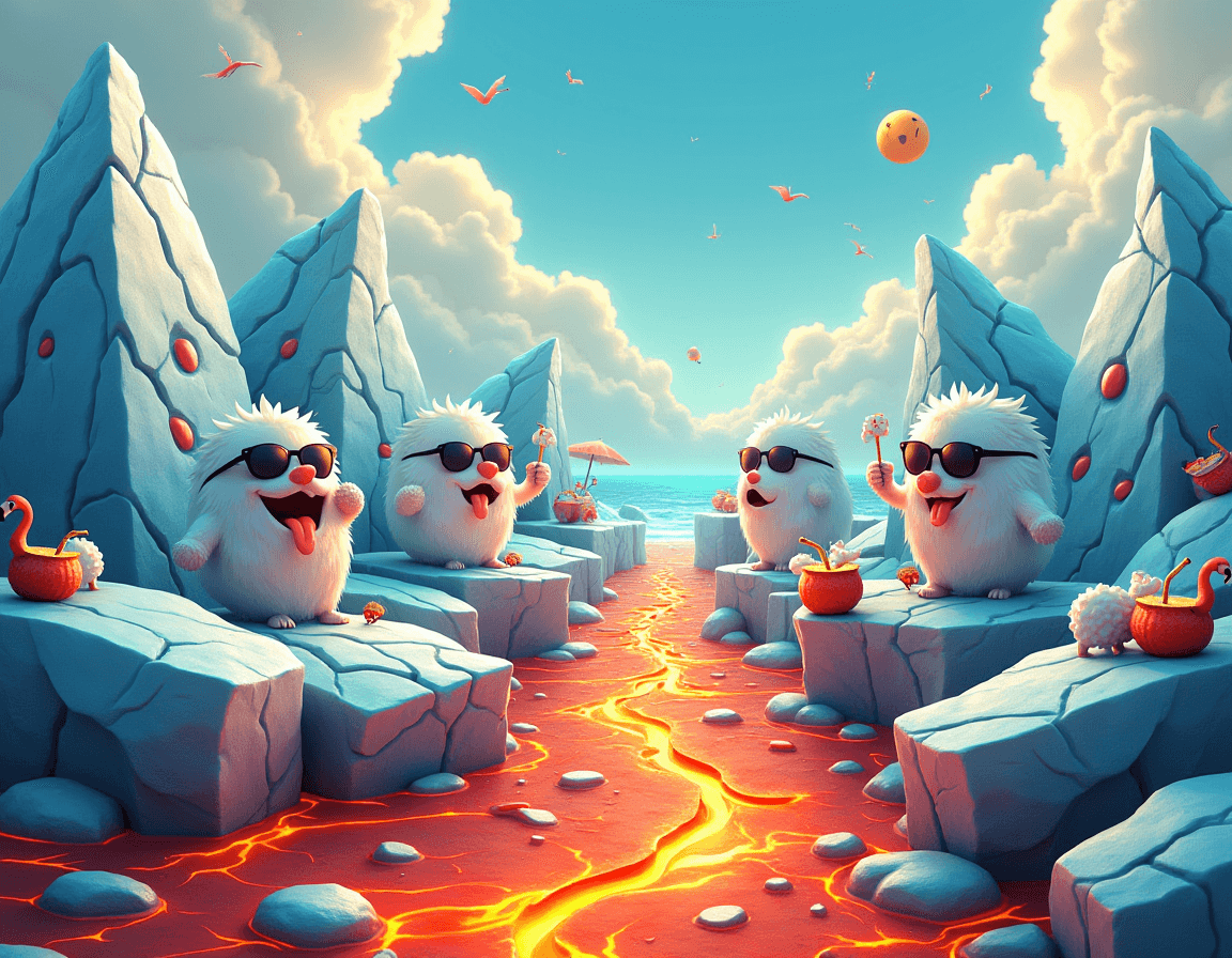 AI generated: A hyper-realistic landscape where rivers of molten lava hilariously flow around huge icebergs wearin...