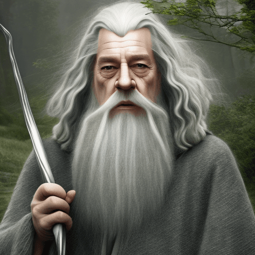 AI generated: Gandalf Gray, wise face, long robes, hat, on a road in Shire, with long staff, in  the style of Tolk...