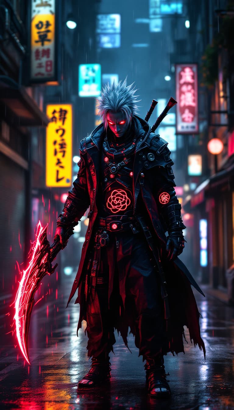 AI generated: Cyberpunk Hidan from Naruto in a futuristic Tokyo alley at night, wearing a rugged high-tech armored...