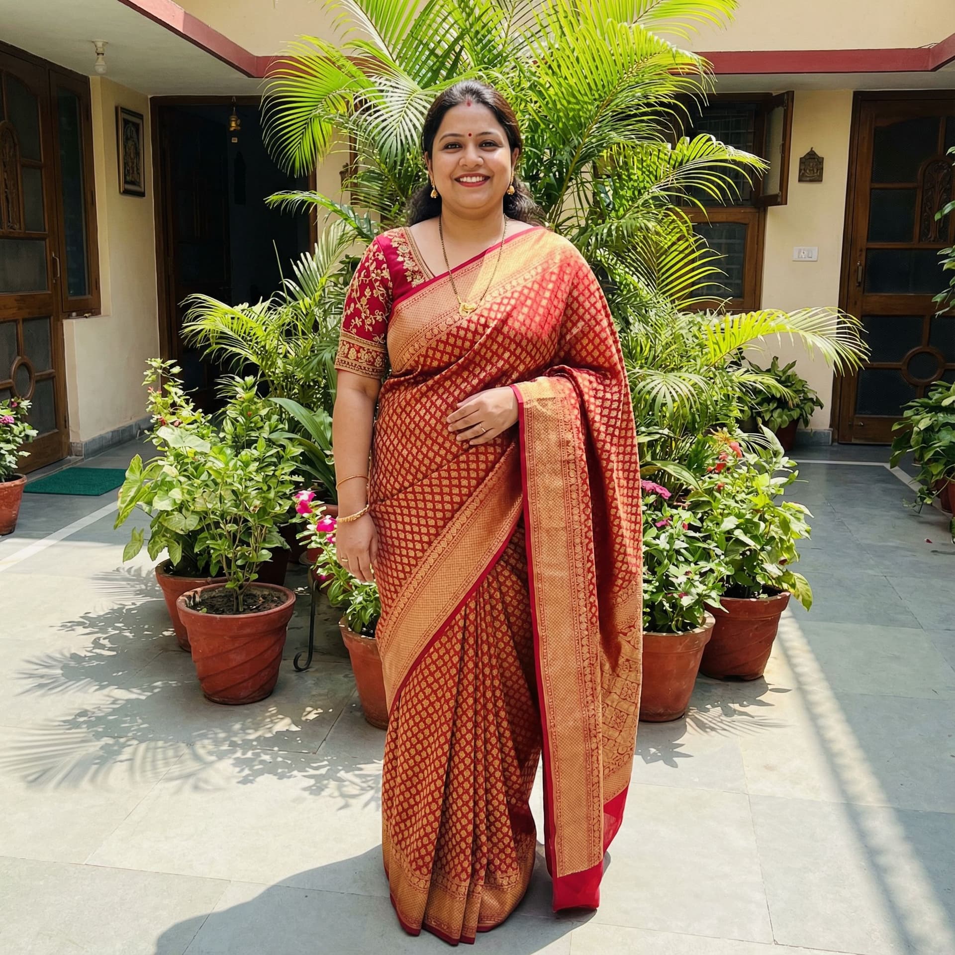 AI generated: indian desi 35 years young chubby bhabhi , curvy figure, big breast, wearing a desi blouse and saree