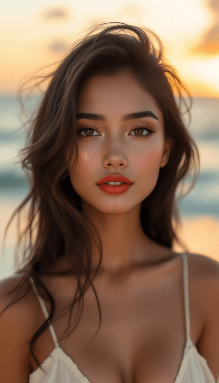AI generated: /imagine prompt: A captivating Southeast Asian woman with sun-kissed skin, dark brown almond eyes, a...