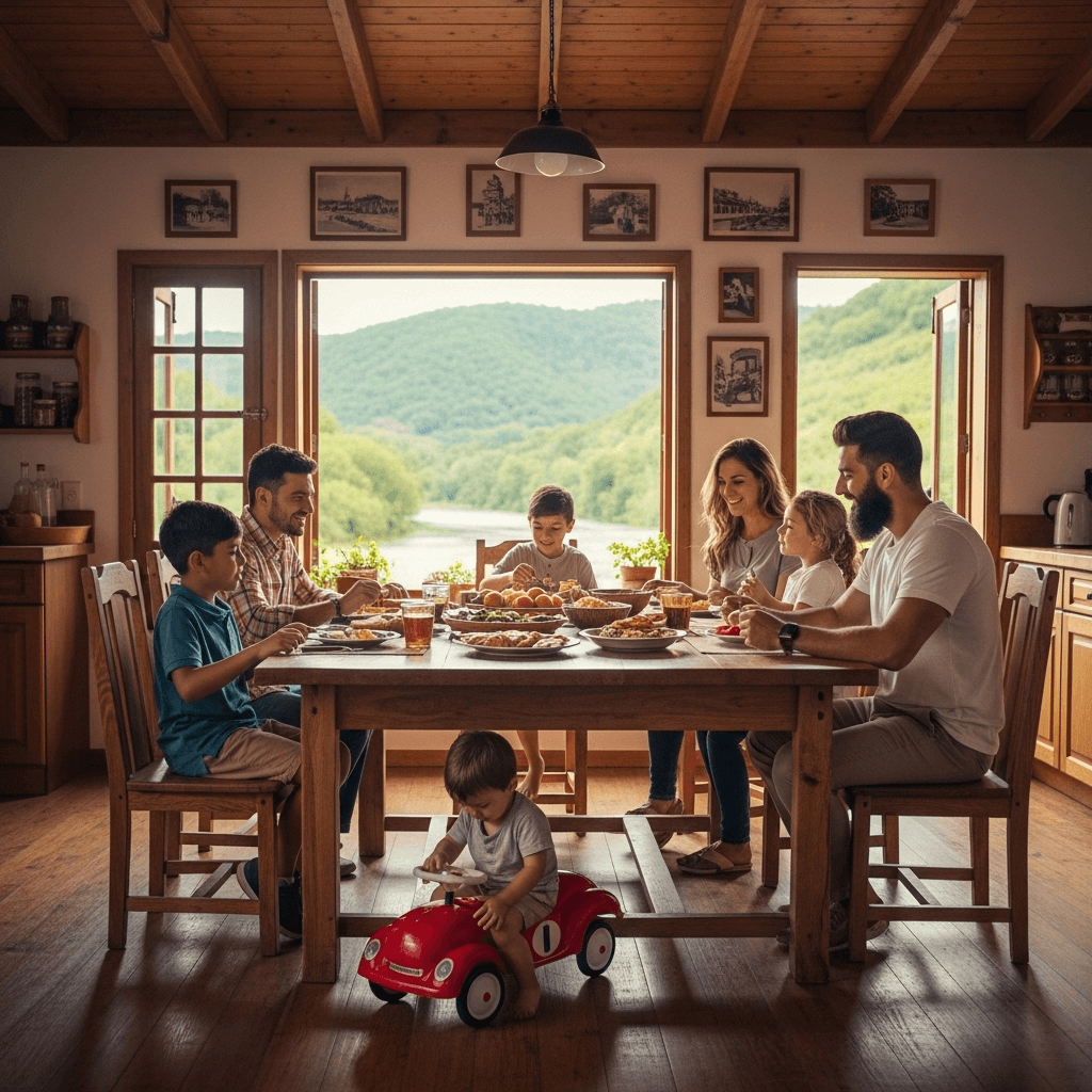 AI generated: Familia con cuatro hijos y yerno disfrutando en casa de campo