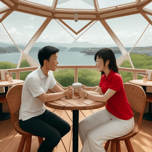 AI generated: Inside a geodesic dome cafe, add an Asian couple having a coffee date by a panoramic bay window. The...