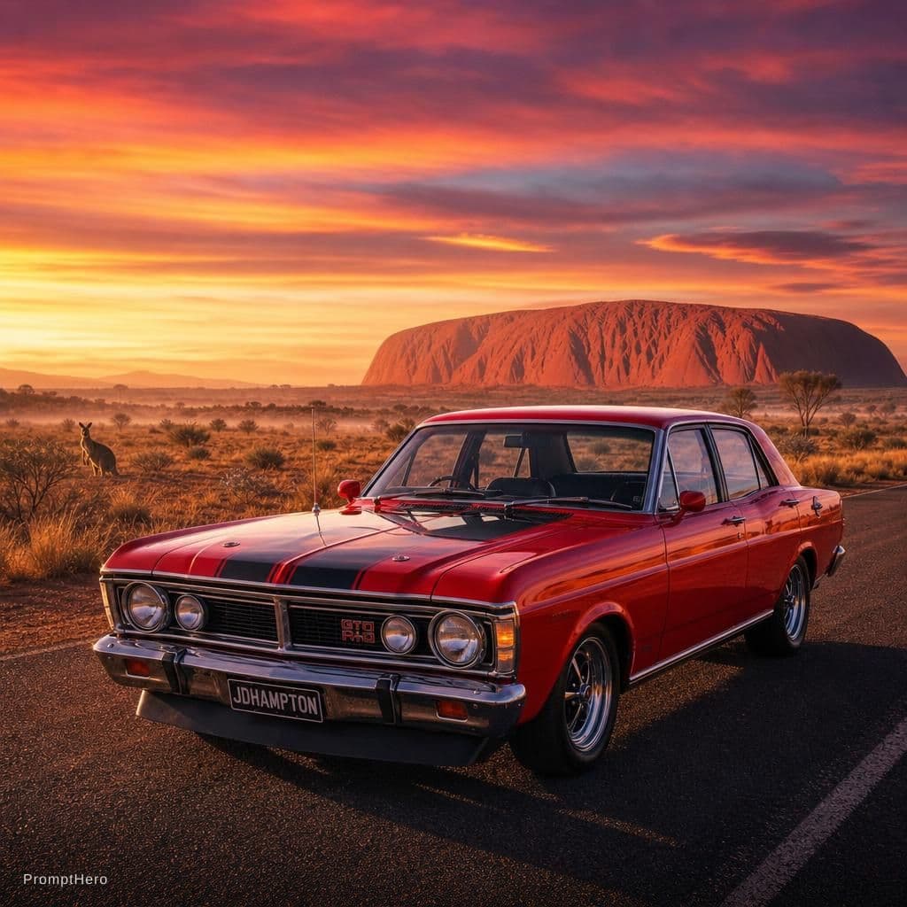 AI generated: Ultra-realistic photograph of 80s Toyota Landcruiser parked on the Stuart Highway a desert road at s...