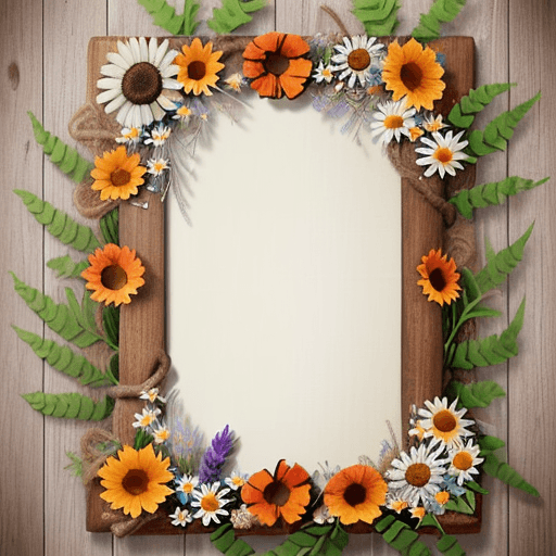 AI generated: Design a picture of a rustic wooden frame decorated in the lower left corner with a bohemian style f...