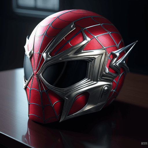 AI generated: helmet on the table with the design and character of spiderman The helmet is gold and  Red dark, no ...