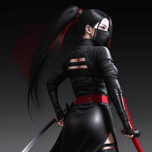 AI generated: create image of woman, style Female shinobi looking back, shot from behind, masked, visible long bla...