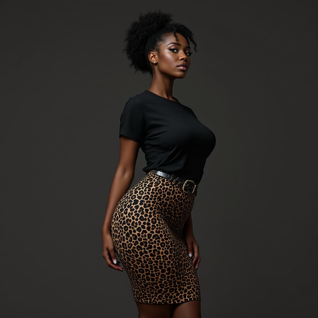 AI generated: Generate the perfect image of a beautiful black slim, thick woman with wide hips wearing a mid-lengt...