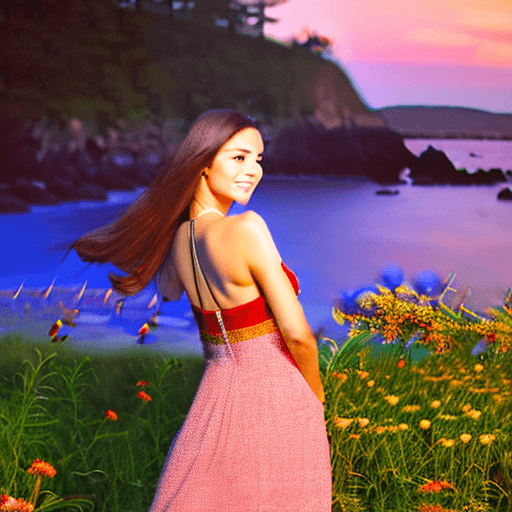 AI generated: Godphoto of a beautiful girl, light smile, charming, 25yo, long dark Hair, straight, summer dress ,f...