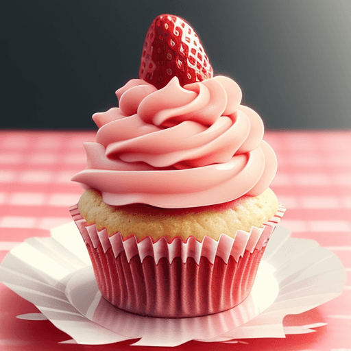 AI generated: a strawberry cupcake on a   have candy on top of it
 