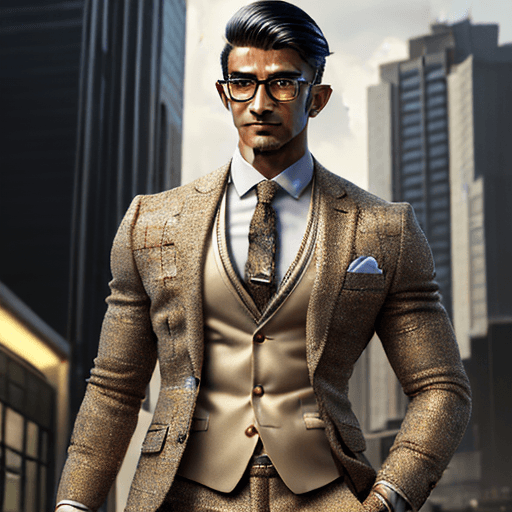 AI generated: Full-body realistic illustration of Roshan in a modern urban setting, wearing a tweed suit, with a f...