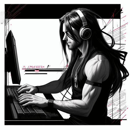 AI generated: male, long hair, keyboard, wearing headphones, looking towards viewer, active pose, anime, scetch, n...