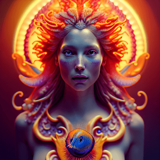 AI generated: Goddess close-up portrait ribcagel. jellyfish phoenix head, nautilus, orchid, skull, betta fish, bio...