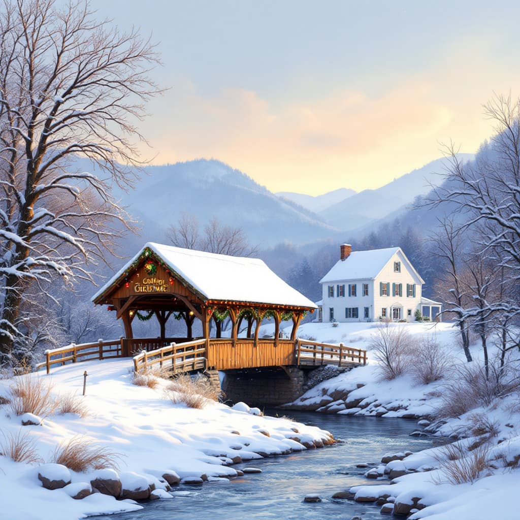 AI generated: A winter landscape with a covered bridge in the foreground, covered in snow, Christmas decorations, ...