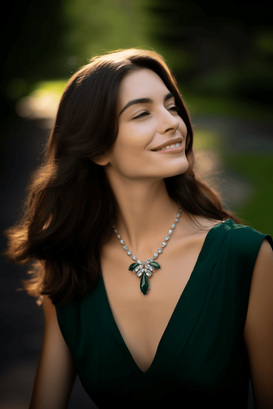 AI generated: Editorial style photo for luxurious necklace, featuring an oval - shaped emerald at its center with ...
