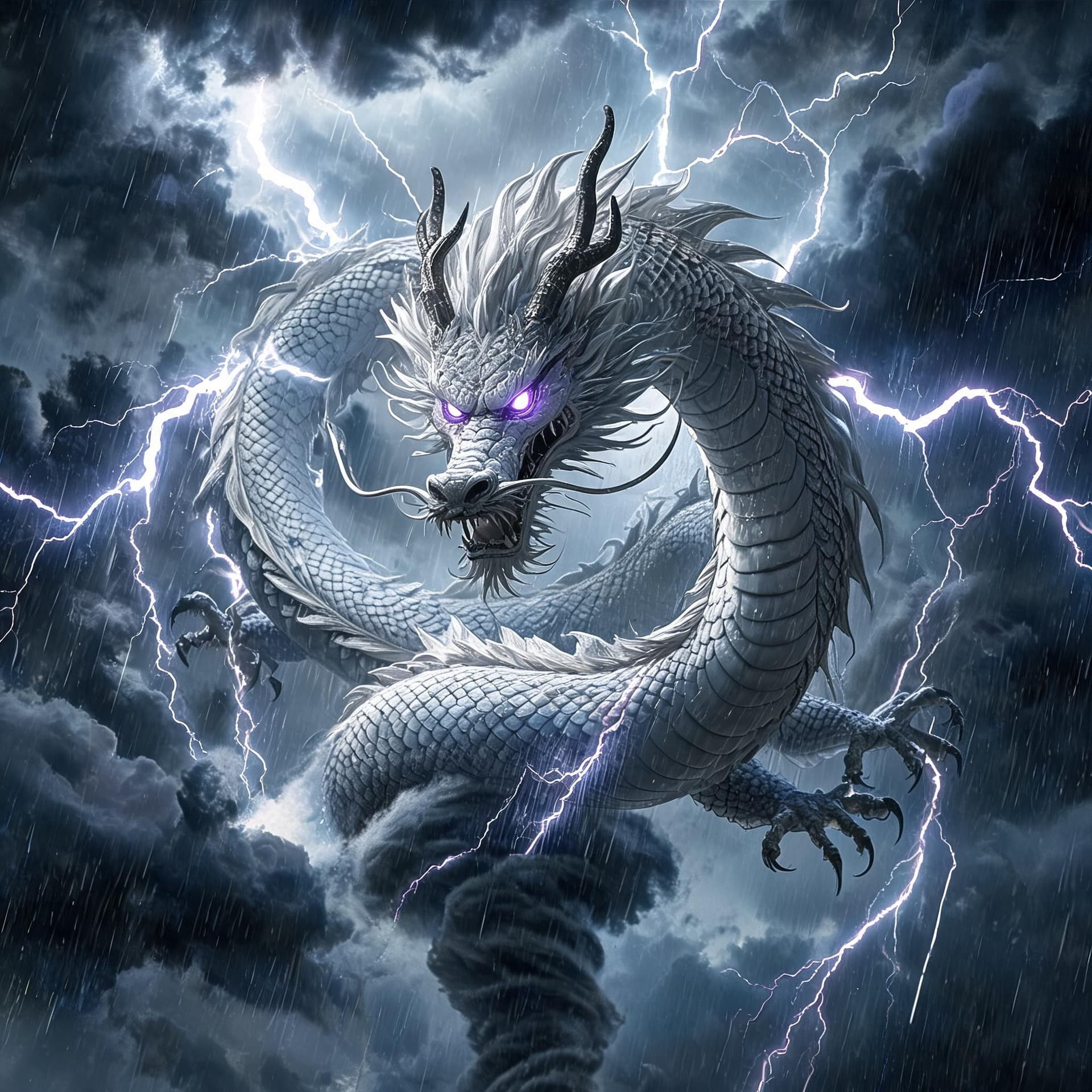 AI generated: a Japanese style dragon that controles storm like Lightning, Dark Clouds, Tornados, and trentals rai...
