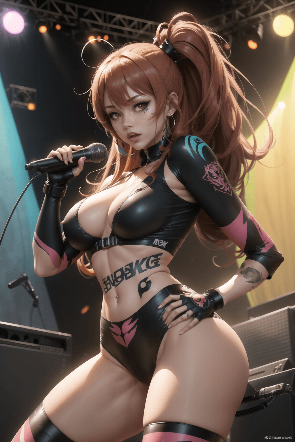 AI generated: An anime-style artwork capturing the unique style of the large breast metalcore girl, her vibrant ta...