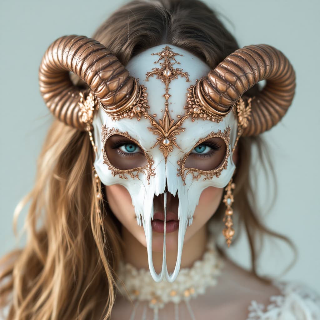 AI generated: photo portrait of a woman wearing a delicate horned skull mask, in the style of rose gold and white,...