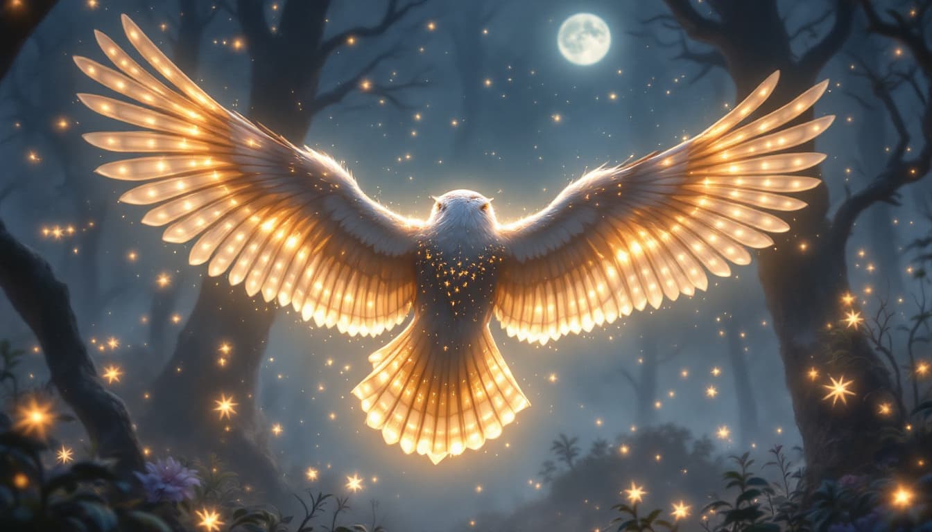 AI generated: an image of a majestic owl, Lyria, the Guardian of Starlight, flying through the air, viewed from be...