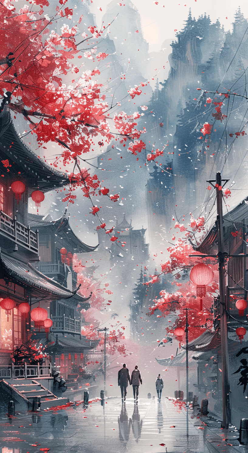 AI generated: two people walk the bridge under a large cherry blossom, in the style of atmospheric paintings, gray...