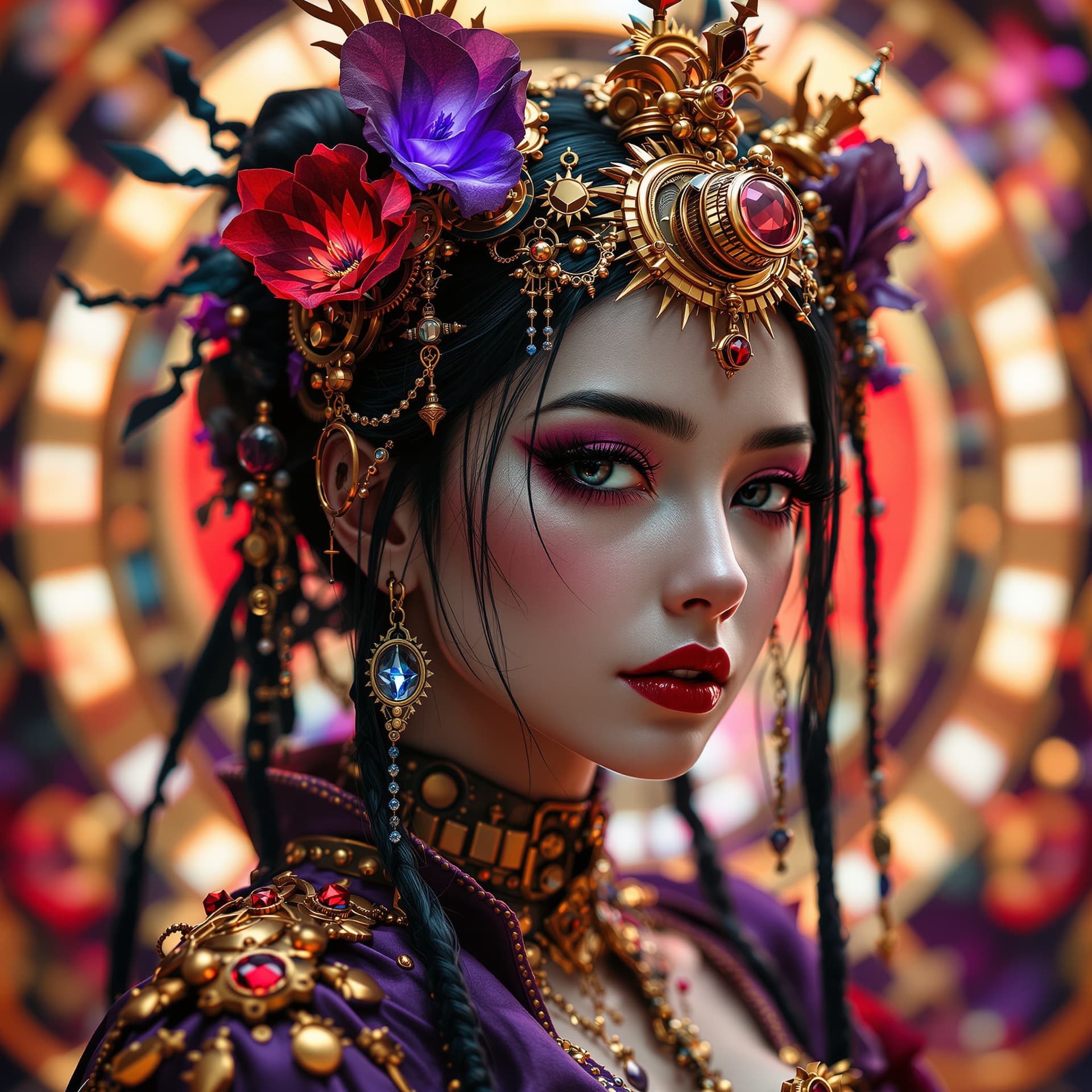 AI generated: Psychedelic, trippy, 3d image of a steampunk young Japanese's woman, in the style of Bella Kotak, go...