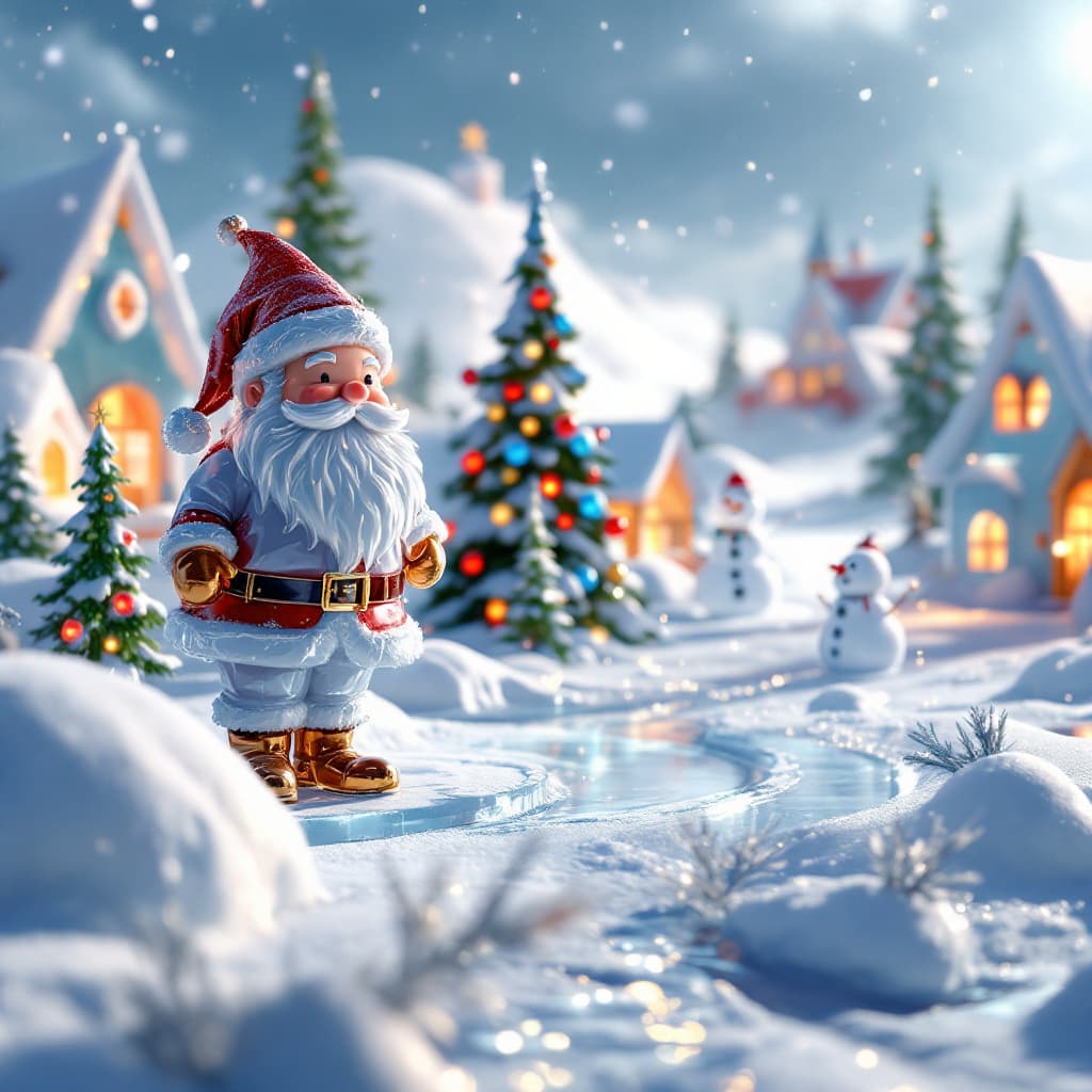 AI generated: 3D render of a photorealistic image of an ice town, ice fairy sculptures of Santa, snowman, Christma...