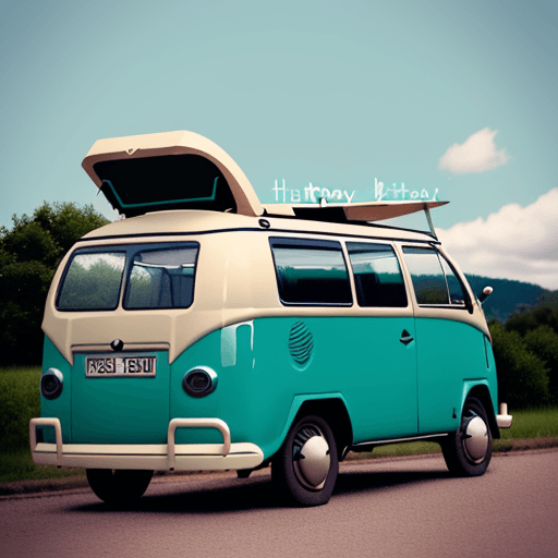 AI generated: old volkswagen bulli painted like the 1970's with the words "Happy Birthday" on his side