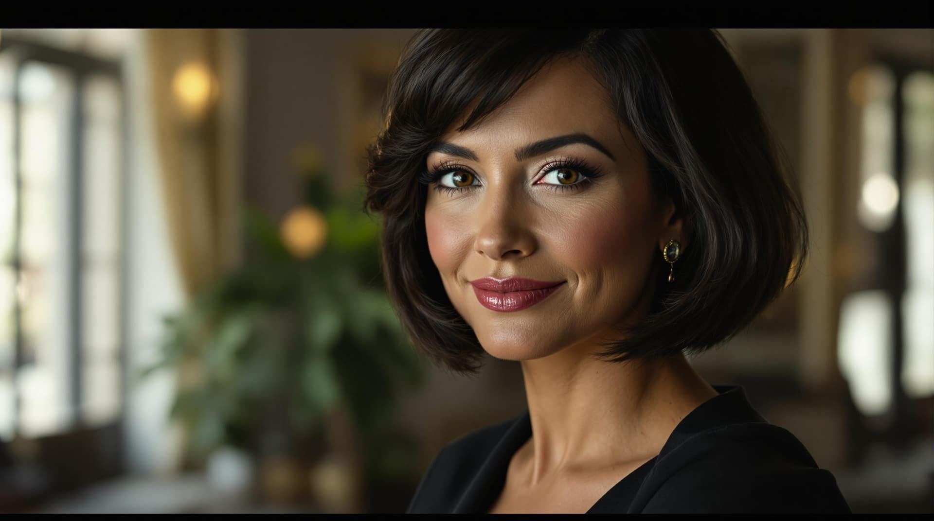 AI generated: ultra fine photograph, full length view,  mature woman, with very short rounded bob hairstyle, detai...