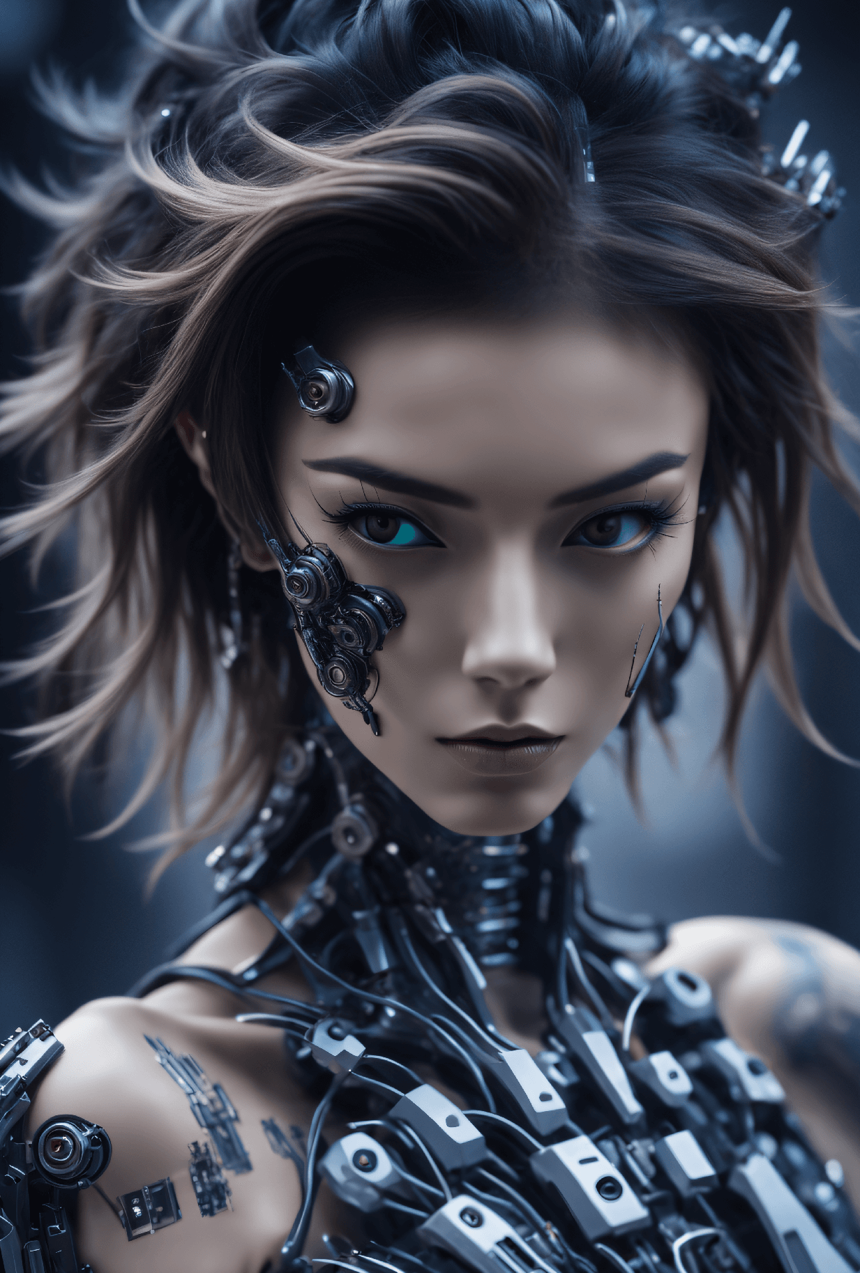 AI generated: cybernetic robot A photo of a cybernetically enhanced young woman, sporting a sleek and slim mechani...