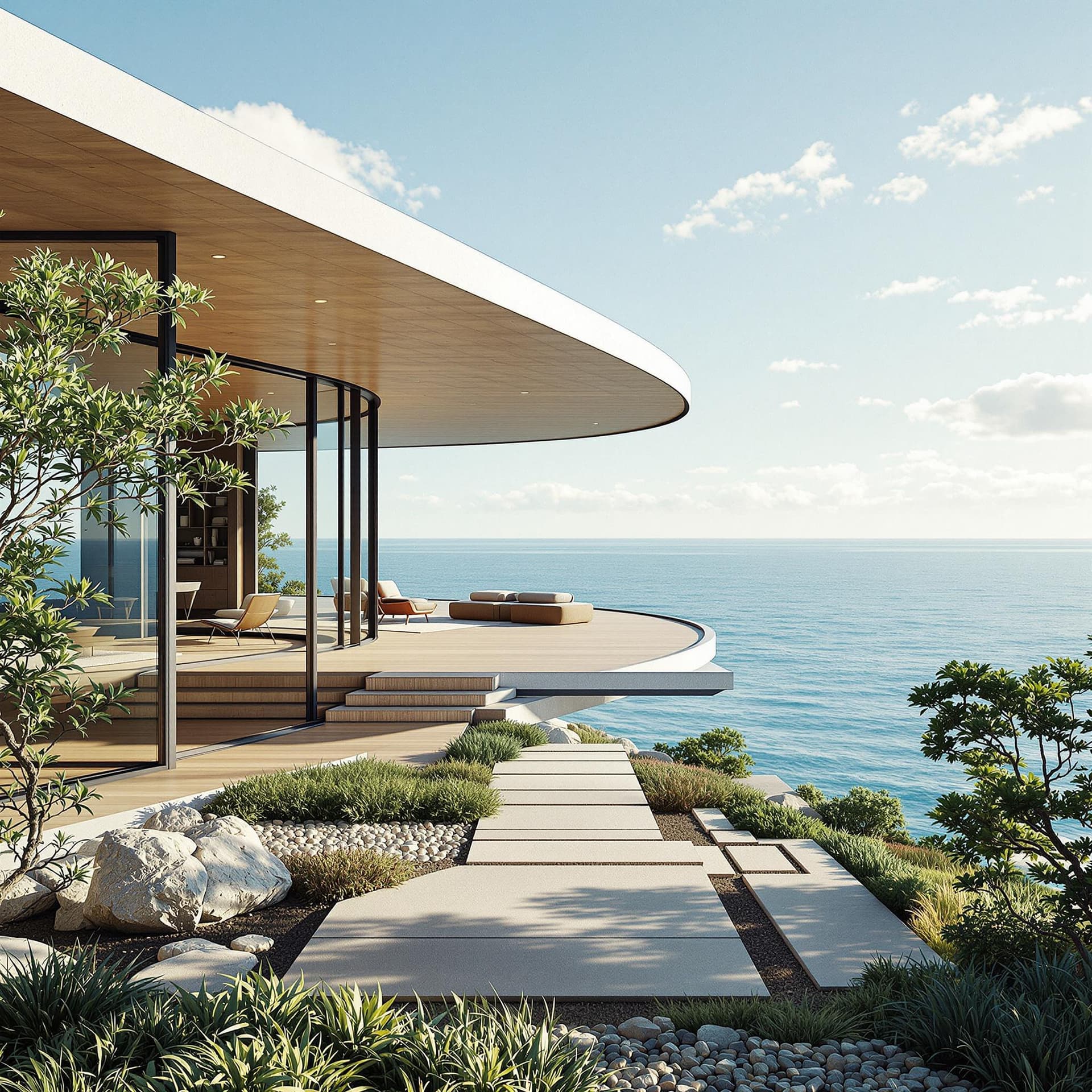 AI generated: Hyper realistic eye level exterior photo of a mid century modern style house overlooking the ocean, ...