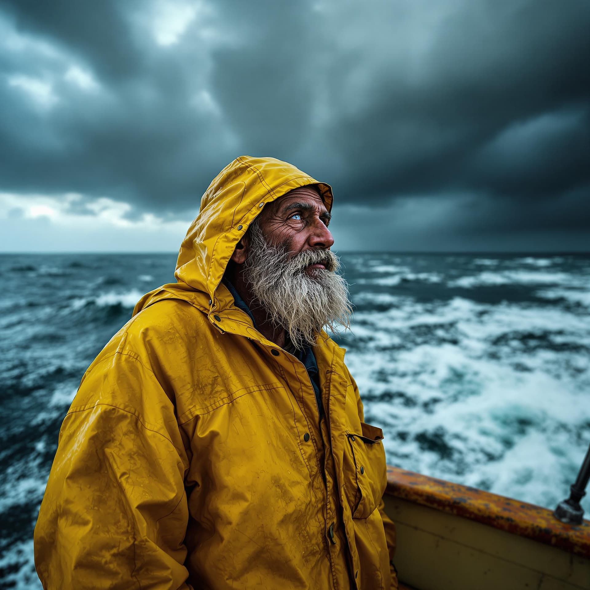 AI generated: A weathered Indian fisherman in his early 60s stands on the deck of his boat, gazing out at a stormy...
